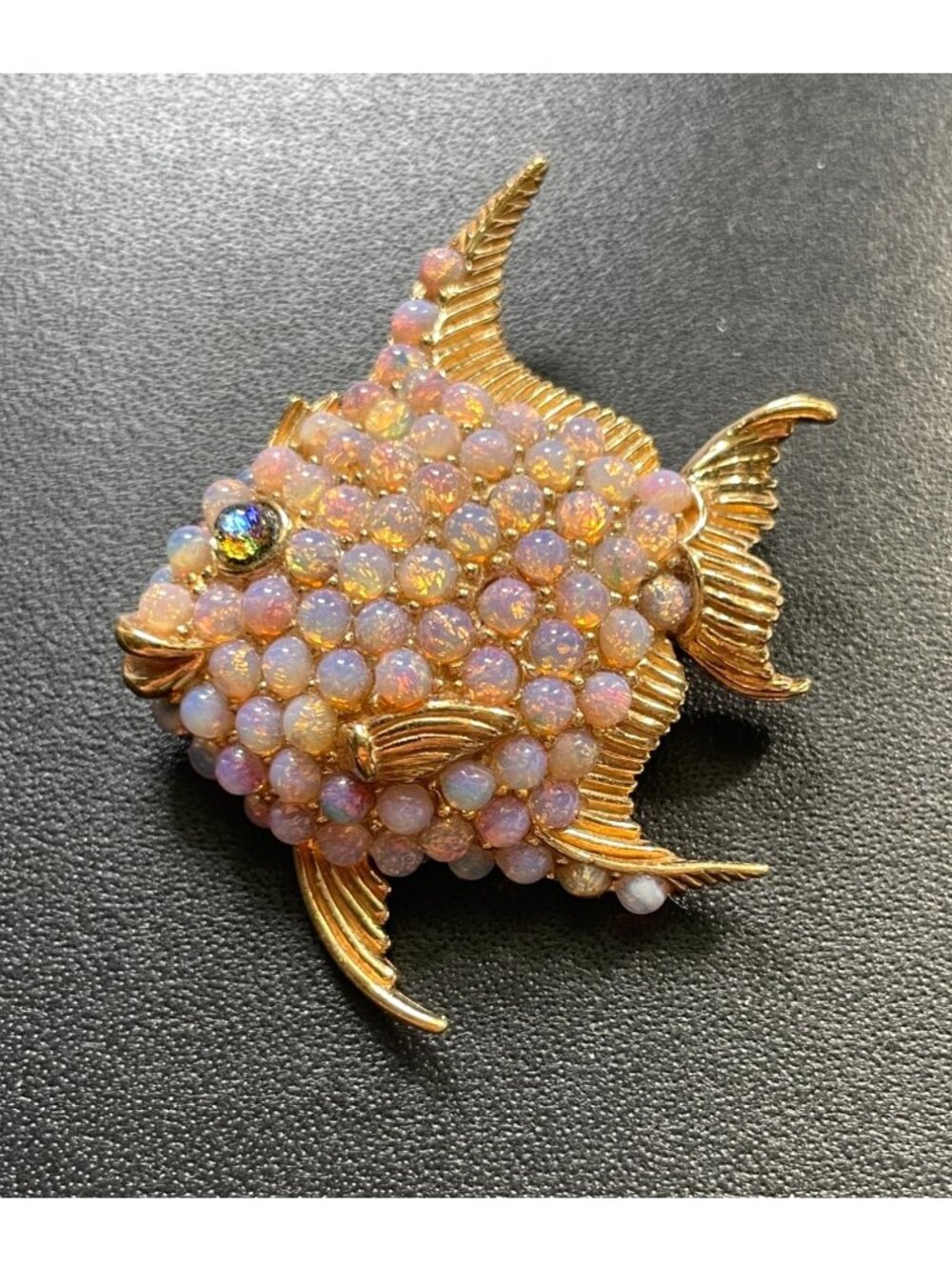 Vintage Ciner Signed Gold Plated Faux Opal Cabochon Angelfish Brooch Pin